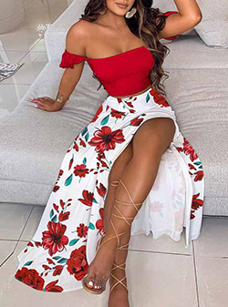 Women's Hollywood Style Maxi Dress - High Slit / Off-Shoulder Cut